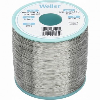 Проволочный припой WELLER WSW SAC L0 с флюсом 3.5% Sn96.5/Ag3/Cu0.5, диаметр 0.3 мм