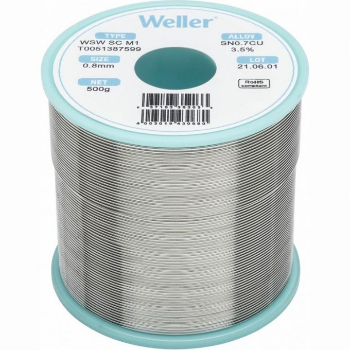 Проволочный припой WELLER с флюсом Sn99.3/Cu0.7, 0.8 мм, 3.5% флюса WSW-SC-M1